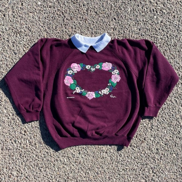 Hanes Tops - Floral Heart Morning Sun Vtg 1980s Hanes Collared Sweatshirt Women’s (L 42-44)